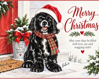Juego de 4 tarjetas navideñas personalizadas con retratos de mascotas pintados a mano.