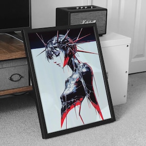 Impresión de arte digital inspirada en anime retrofuturista / Líneas llamativas, plata metálica y colores vibrantes / Arte de pared de edición limitada