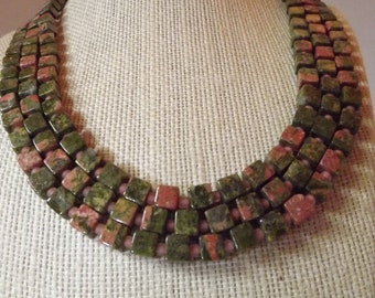 Unakite Triple Strand Necklace: Petite Stone & Blush Beading