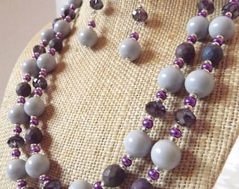 Gray Glass and Crystal Necklace Set