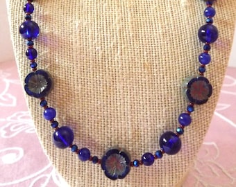 Blue Etched Floral Necklace