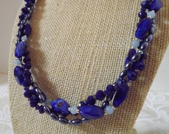 Blue Pearl and Crystal Twist Necklace