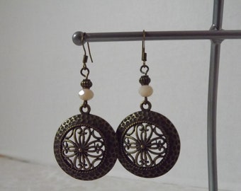Tan Crystal and Brass Earrings