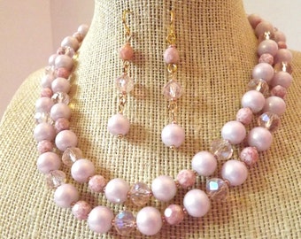 Pink Glass and Crystal Necklace Set