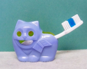 Vintage Blue Cat Toothbrush Holder ~ 1950's Hard Plastic ~ Transparent Eyes ~ Replacement Toothbrush ~ New Condition
