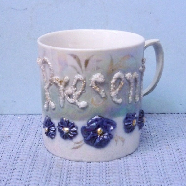 Antique Porcelain * Present * Blue Luster Mug ~ Applied Porcelain Piped * Present * Cobalt Blue Flowers ~  Made In Germany ~ Factory Issue