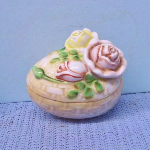 Antique Jewelry Trinket Box ~ Porcelain Egg Basket Weave w Roses Germany ~1920's