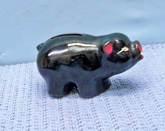 Vintage Miniature Black Pig Bank ~ 3 3/4" long Red Ware Pottery Oinker ~ Factory