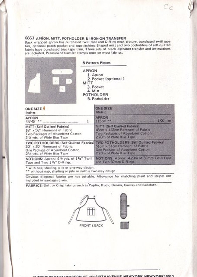 One Size Oven Mitt Transfer Stamp Back Wrapped Apron Pattern 6663 Pattern Potholder Simple Easy Factory Folded Buttrick No