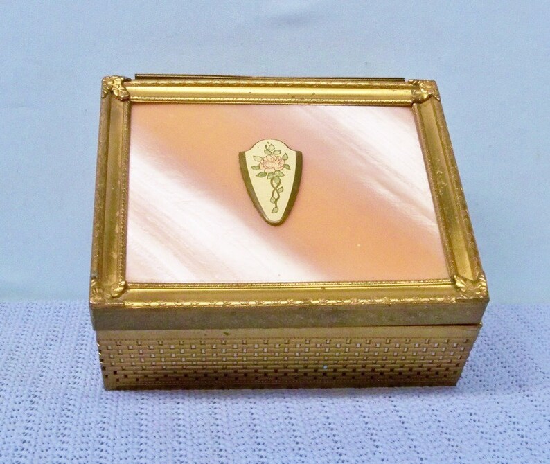 Vintage Celluloid & Brass Jewelry Box Enamel Rose Accent Etsy