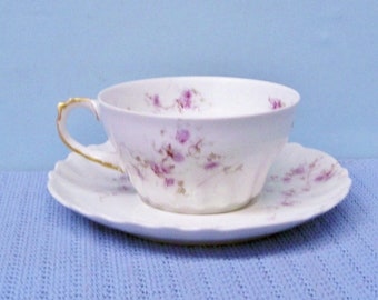 Theodore Haviland Limoges Teacup Cup & Saucer ~ Ribbon Handle Lavender Flowers