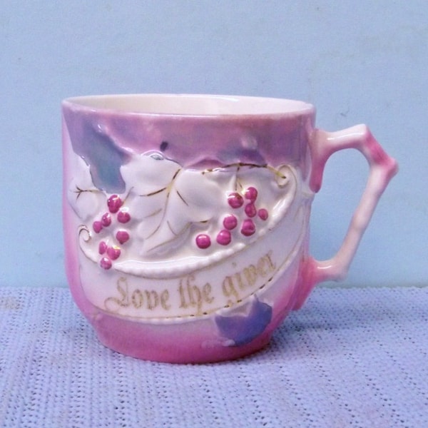 Antique Porcelain * Love The Giver * Pink Lustre Cup ~ Raised Relief Grapes ~ Germany Mint Condition