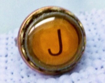 Vintage *  J * Adjustable Ring - Typewriter Key Inspired - Amber Background With Black Initial  J ~ Plastic Bubble Cabochon - Ready To Wear