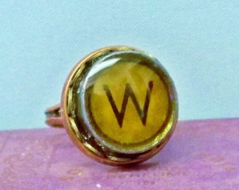 Vintage M or W Adjustable Ring - Typewriter Key Inspired - Amber Background With Black Letter Plastic Bubble Cabochon - Ready To Wear