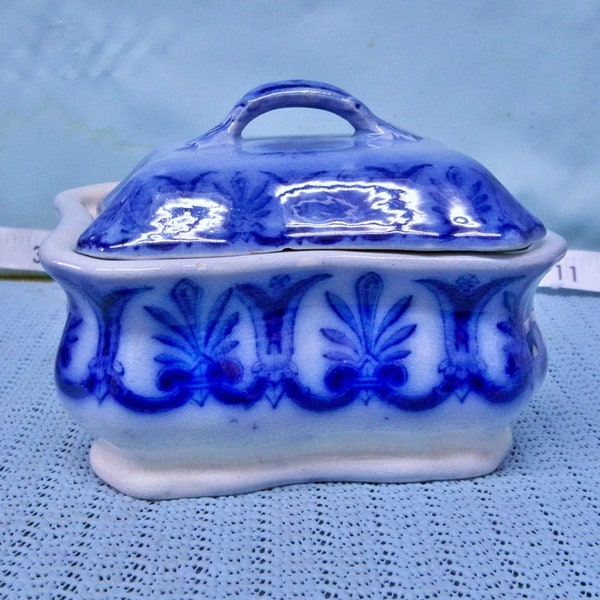 Antique Flow Blue 3 1/2" High Covered Box Porcelain China Deep Cobalt Blue Brush Stoke Sprigs & Urn Motif