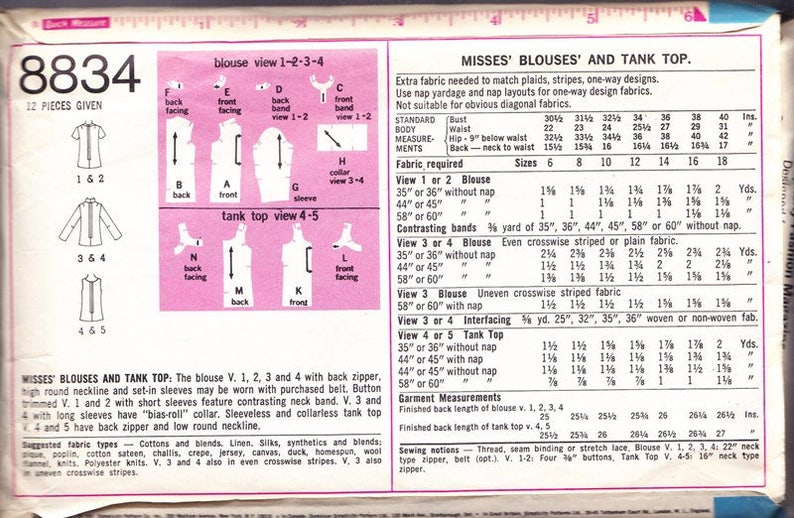 Misses Set Of Blouse & Tank Top Patterns Simplicity 8834 Size Etsy