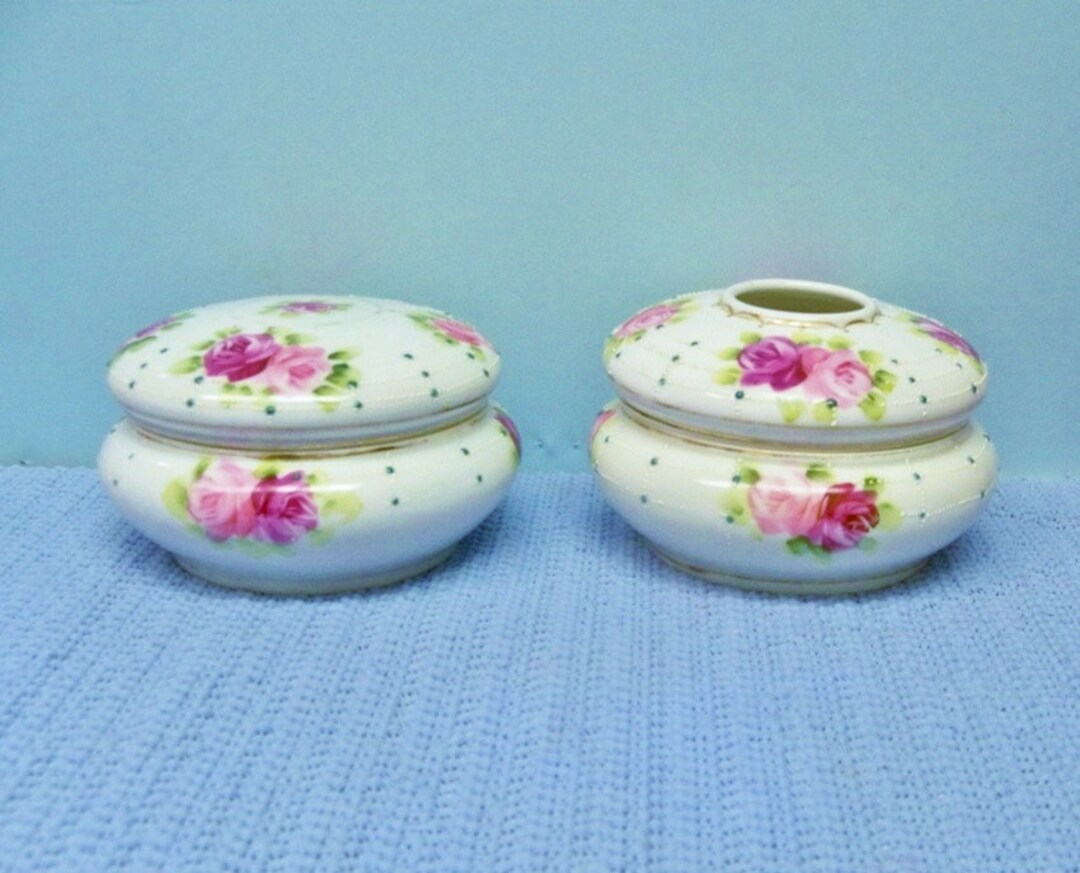 Antique Powder Dresser Jar & Hair Receiver Set Roses Pattern Nippon Green Mark M Wreath Mint