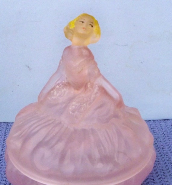 Vintage Pink Satin Dancing Lady Vanity Powder Jar… - image 1