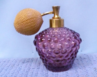 Vintage Art Glass Purple Hobnail Perfume Bottle with Bulb Atomizer ~ Excellent