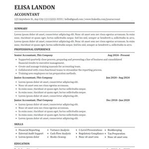 May include: A resume for an accountant named Elisa Landon. The resume lists her work experience, skills, education, and additional information.