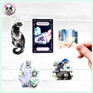 Stickers sorcières - imperméables et durables - chat, carte de tarot, jackalope, potions, livres de sorts - individuels ou ensemble