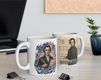 Chopin-Porträt mit Notenblatt Tasse | 'Ausgeweint!!' Klavier Illustration