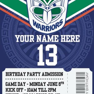 Może przedstawiać: Granatowe zaproszenie urodzinowe z logo Warriors w kolorze białym, zielonym i pomarańczowym. Zaproszenie zawiera tekst "YOUR NAME HERE" i liczbę "13". Sekcja w stylu biletu na dole zawiera szczegóły wydarzenia.