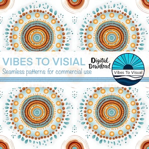 May include: A seamless pattern featuring a repeating design of colourful circles with dots. The pattern is on a white background and has a blue, orange, and brown colour scheme. The text "Vibes To Visual" and "Digital Download" is included in the image.