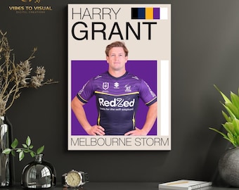 May include: A framed print featuring rugby player Harry Grant in a Melbourne Storm jersey. The print includes the text "HARRY GRANT" above a photo of the player, with the team name "MELBOURNE STORM" at the bottom. The jersey has the "RedZed" logo.