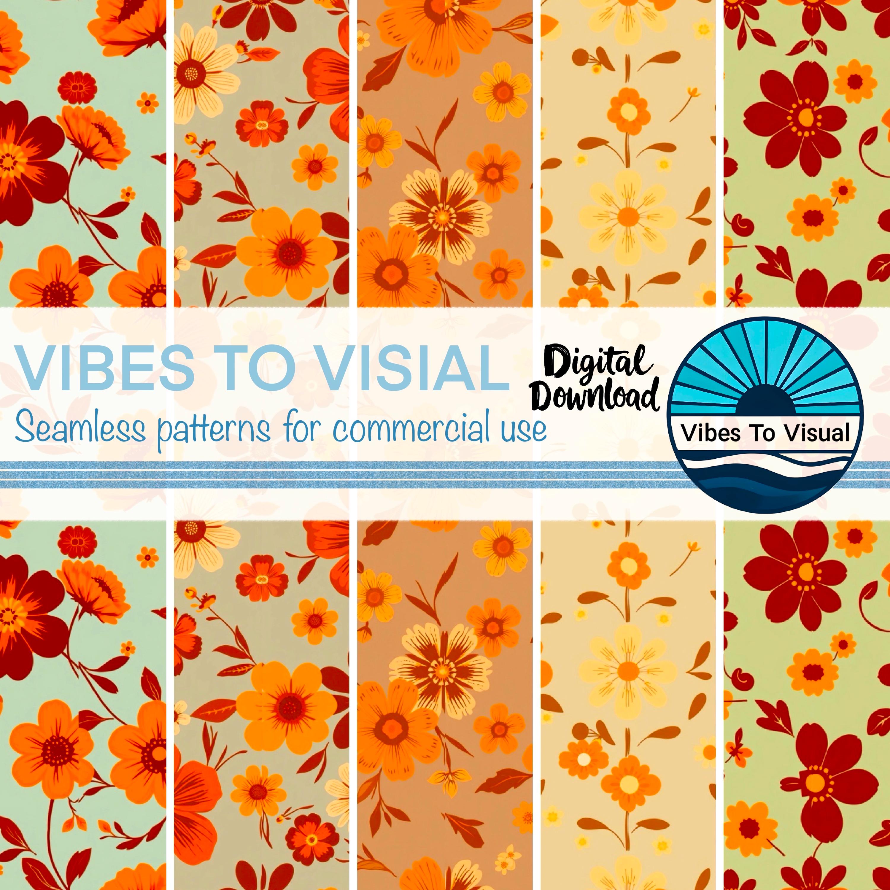 70s Retro Boho Seamless Pattern Bundle | 10 Brown & Mustard Floral ...