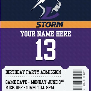 Può includere: Un biglietto d'ingresso per una festa di compleanno viola e blu navy con la parola "STORM" e il numero "13". Il biglietto include il testo "YOUR NAME HERE", "BIRTHDAY PARTY ADMISSION" e i dettagli dell'evento.