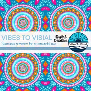 May include: A seamless pattern featuring a repeating design of colourful circles with dots. The pattern is on a blue background and includes shades of pink, orange, and turquoise. The text "Vibes To Visual Digital Download" is at the bottom of the image.