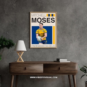 May include: A poster featuring a photo of Mitchell Moses, a rugby player for the Parramatta Eels. The poster has a yellow and blue color scheme with the text "Mitchell Moses" and "Parramatta Eels" in white.