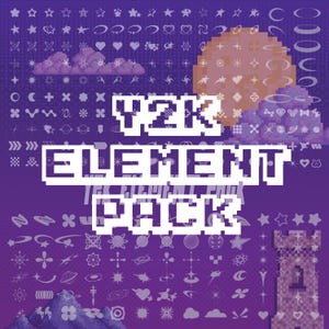 May include: A purple digital art graphic with various Y2K-style elements, including stars, hearts, and clouds. The text "Y2K ELEMENT PACK" is prominently displayed in a pixelated font, with a pixelated sun and tower in the background.