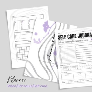 Puede incluir: Un planificador imprimible con un diseño en blanco y negro. El planificador incluye secciones para planes, horarios y diario de autocuidado. El texto "Change your thoughts, change your world." está incluido en la sección del diario de autocuidado.