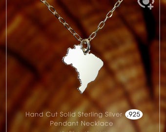 Mini Brazilië kaart ketting, sterling zilveren .925 ketting & dikke massieve hanger, handgemaakt