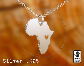 Carte de l'Afrique, chaîne en argent sterling .925 et pendentif solide épais, personnalisé fait main