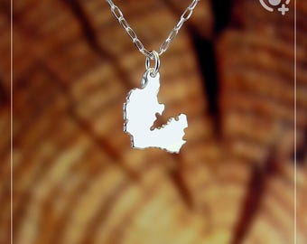 Danmarkskarta Danmark Köpenhamn Sterlingsilver .925 Kedja & Tjockt Massivt Hänge, Handgjort Personligt