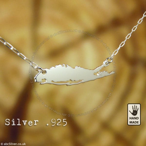 Long Island Map New York, Sterling Silver .925 Chain & Thick Solid Pendant, Handmade