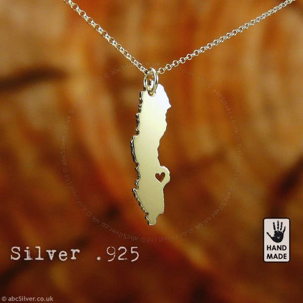 SUECIA Mapa Collar de plata de ley personalizado hecho a mano .925 - Regalo perfecto