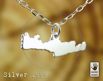 Crete Κρήτη Map, Sterling Silver .925 Chain & Thick Solid Pendant, Handmade