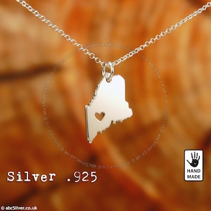 Carte de l'état du Maine - Collier personnalisé fait main en argent 925 - Idée cadeau