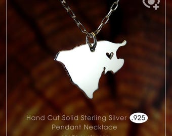 Fur Island Map Necklace, Denmark, Sterling Silver .925 Chain & Thick Solid Pendant, Handmade