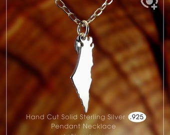 Mini Palestina Kaart Ketting, Ramallah, Sterling Zilver .925 Ketting & Dikke Massieve Hanger, Handgemaakt