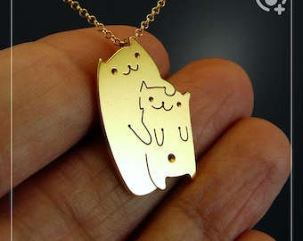 Kattfamilj, Förgylld 22k Sterling Silver .925 Kedja & Tjockt Massivt Hänge, Handgjort
