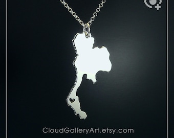 Thailand Karta ประเทศไทย Khao Lak, Sterling Silver .925 kedja & tjockt massivt hänge, handgjorda personliga