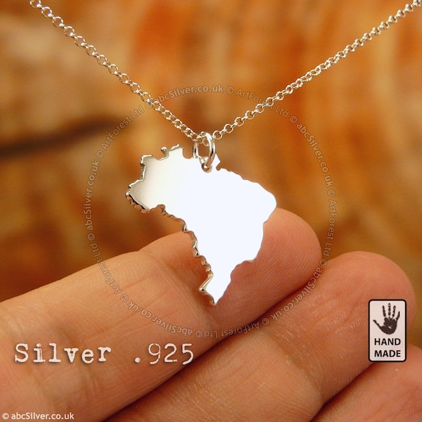 BRAZIL hand cut sterling silver pendant, sterling silver chain - Perfect Gift