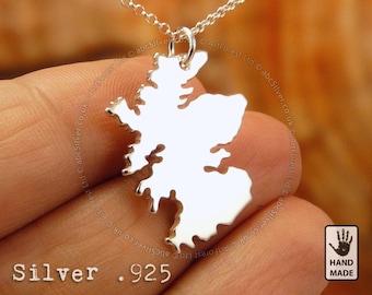 Scotland Map Edinburgh, Sterling Silver .925 Chain & Thick Solid Pendant, Handmade