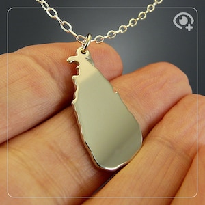 Peut inclure: Un collier avec un pendentif argenté représentant le contour du Sri Lanka. Le pendentif est lisse et brillant, suspendu à une chaîne délicate. Le collier est tenu dans la main d'une personne.