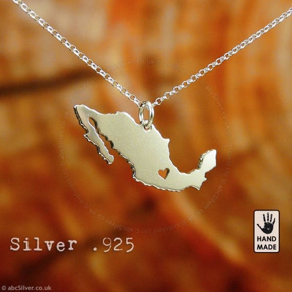 Collier carte du MEXIQUE fait main en argent sterling .925 - Cadeau parfait